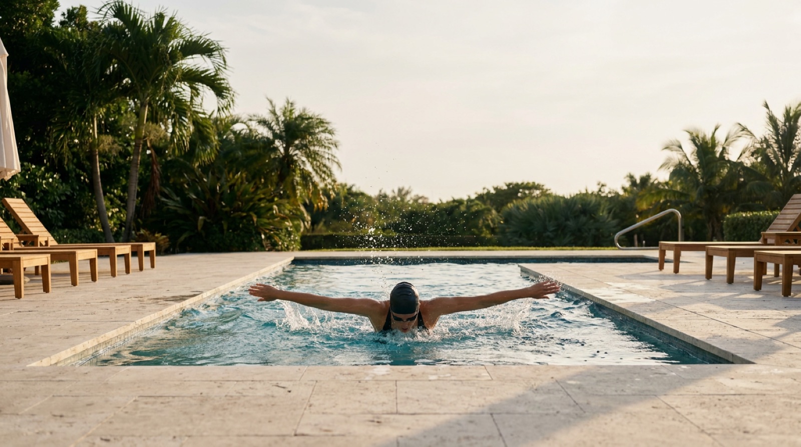 A swimmer mid-butterfly in an outdoor pool with a travertine deck