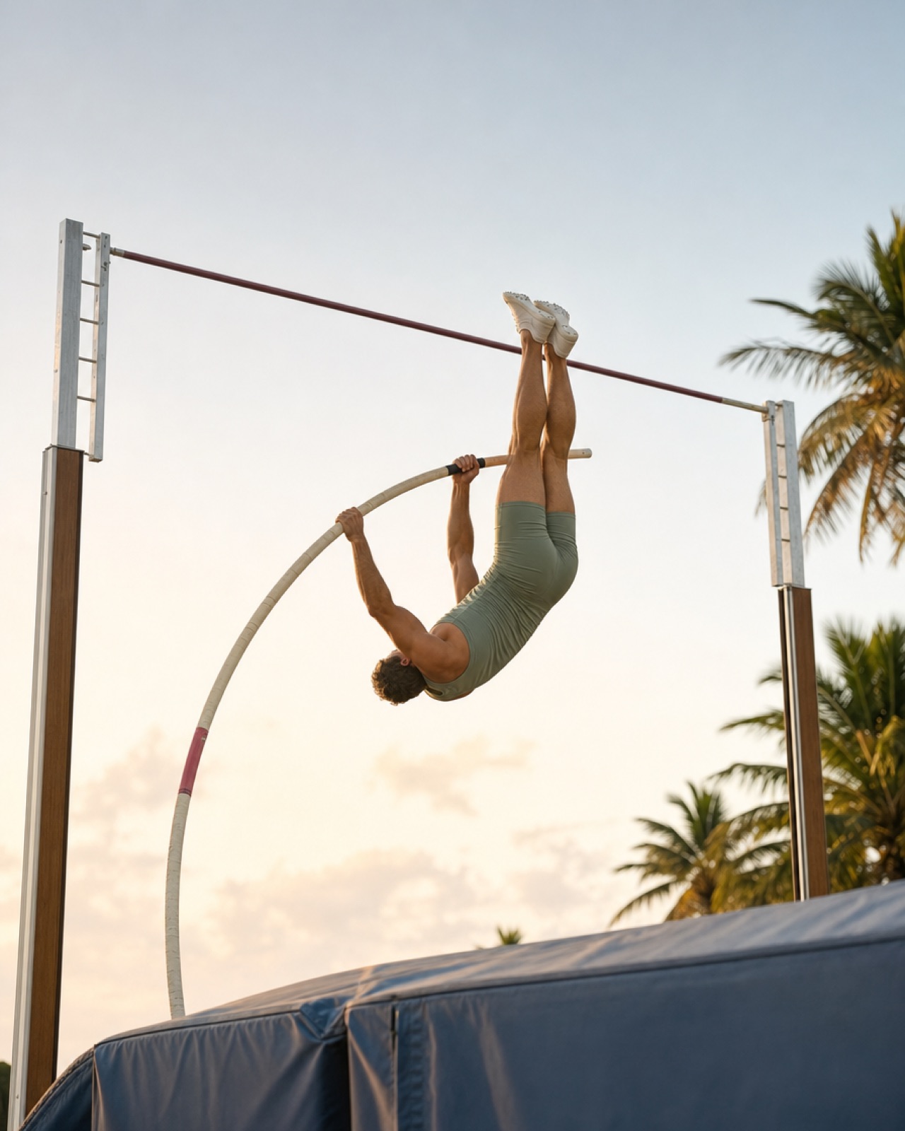 A pole vaulter upside down on a bent pole beneath the crossbar