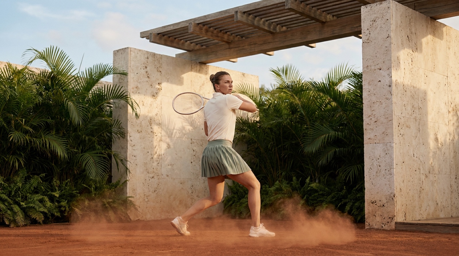 A tennis player finishing a forehand on a clay court between travertine walls