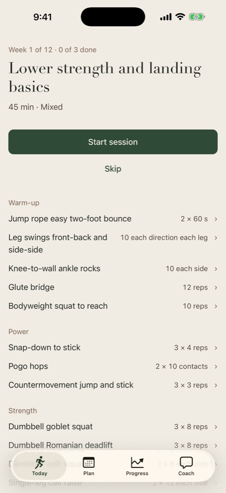 Today screen: week 1 session, Lower strength and landing basics, with a Start session button